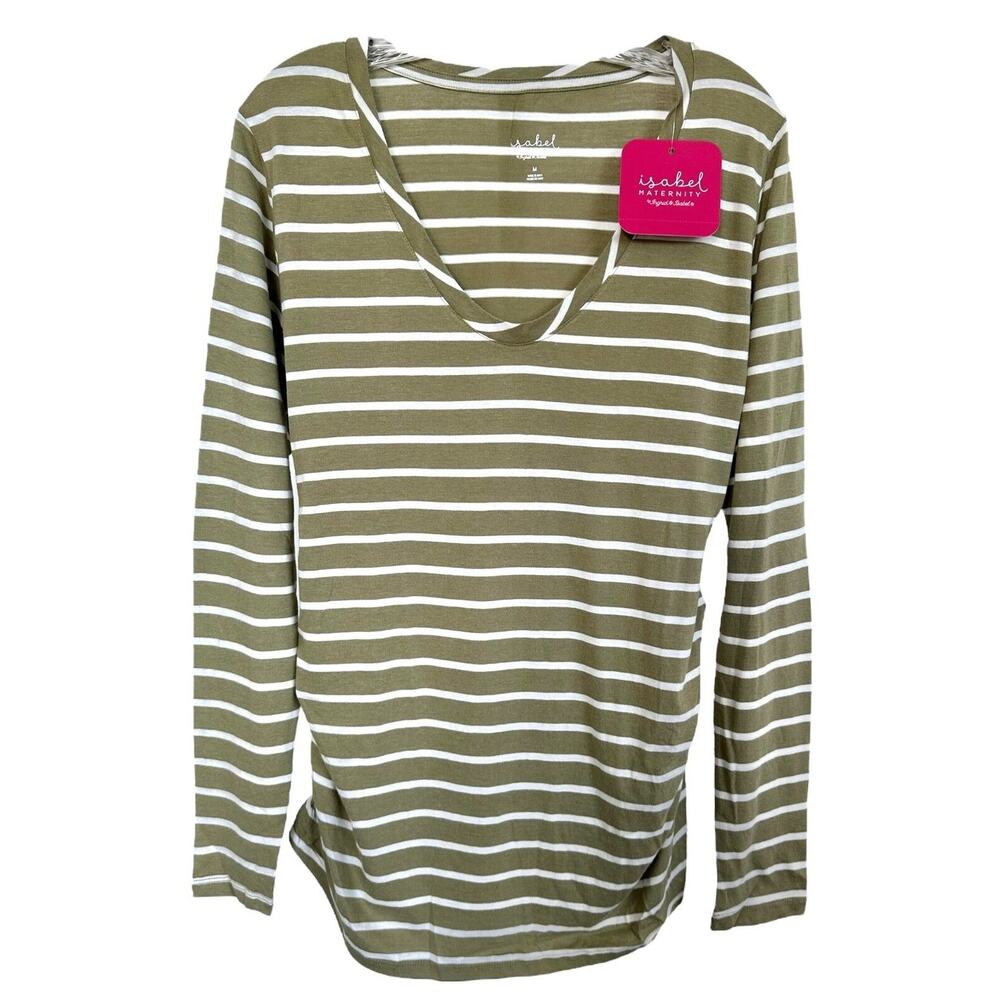 Isabel Maternity Women's Long Sleeve Scoop Neck Shirred Top Size M Green Striped